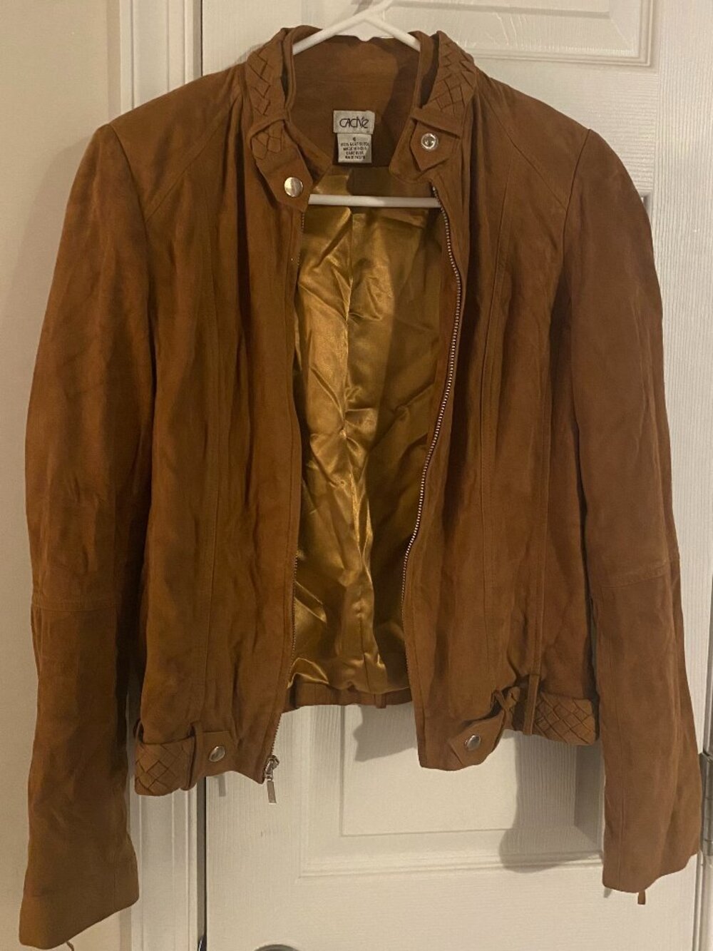 Vintage Caché 100% Goat Suede Fringe Western Moto Jacket Cognac Brown 6